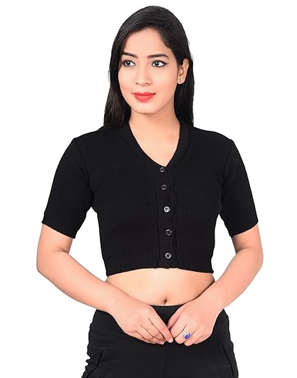 Women's Winter Warm Woollen Saree Blouse Half Sleeves Sweater