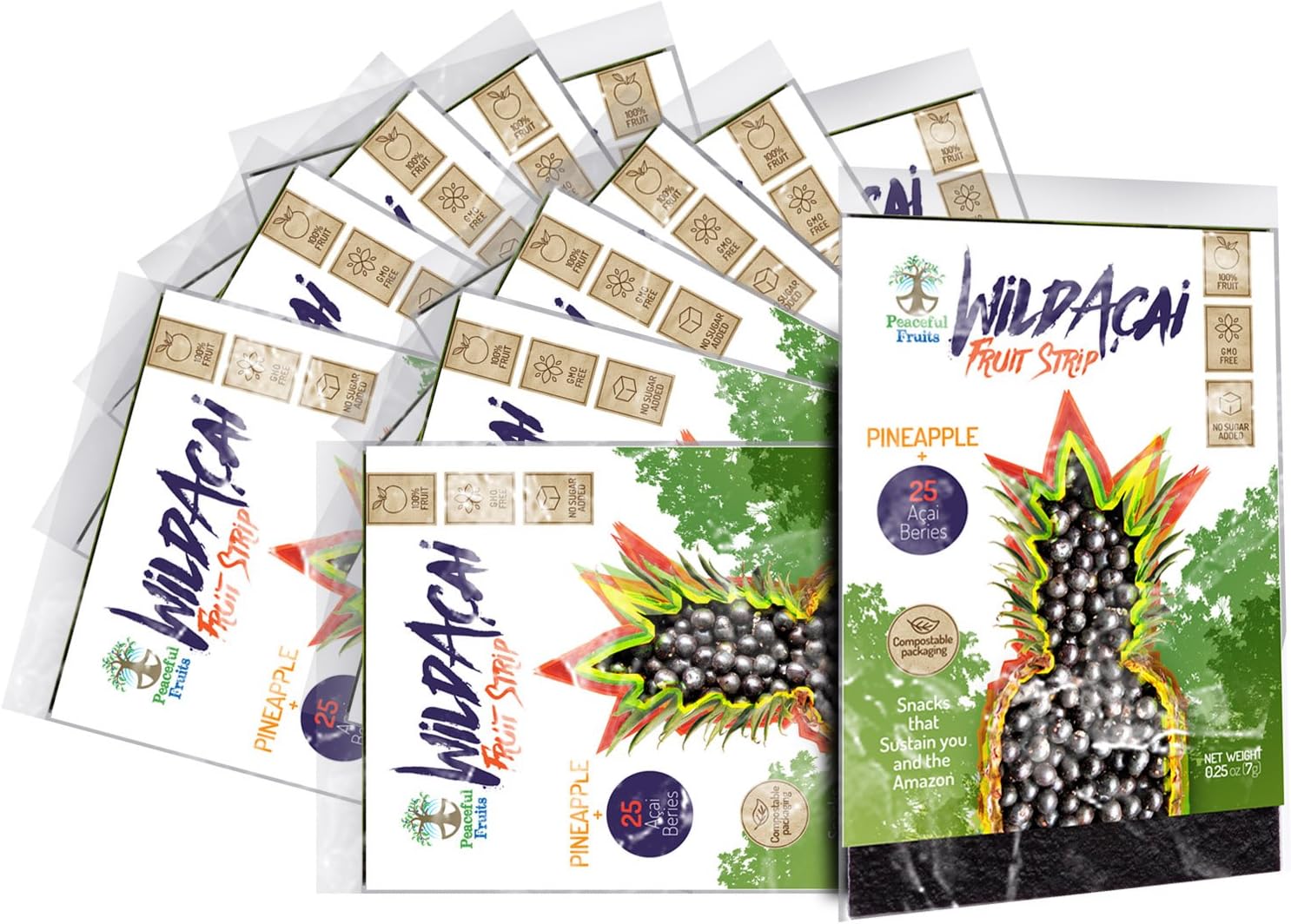 Peaceful Fruits 100% Fruit Wild Acai Super-fruit Strips with Pineapple (pack of 12 snacks)