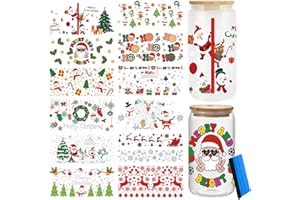 CenDale UV DTF Cup Wrap for 16oz - 12 Sheets Christmas UV DTF Cup Wraps Transfer for Glass Cups Wood DIY Crafts, UV DTF Cup Wrap Stickers Waterproof Rub on Transfer with Squeegee (Snowman Santa)