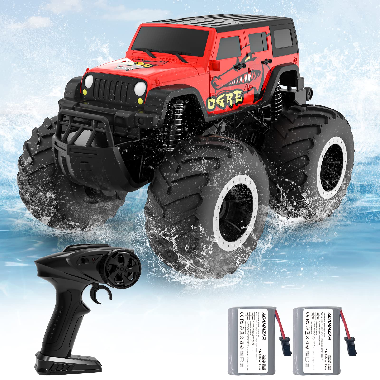 ACAMMZAR 1:16 Amphibious RC Monster Truck, Remote Control Cars for Kids, IPX7 Waterproof 2.4GHz 4WD 360° Rotation, Double Sided RC Car for Boys Girls Gifts, Red