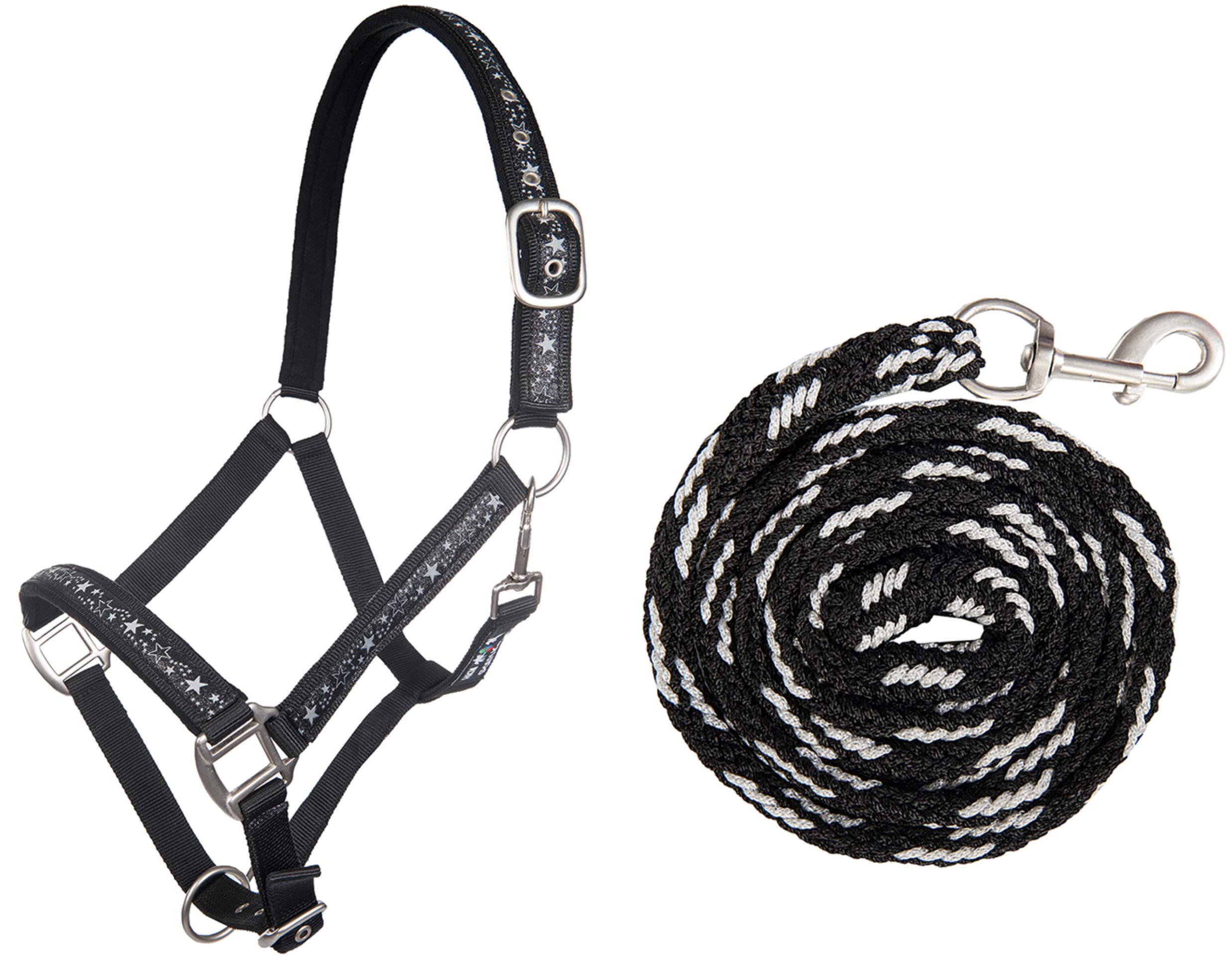 HKM 10025 halter set stars, halter and cord, carabiner Clasp Black/Silver Shetty
