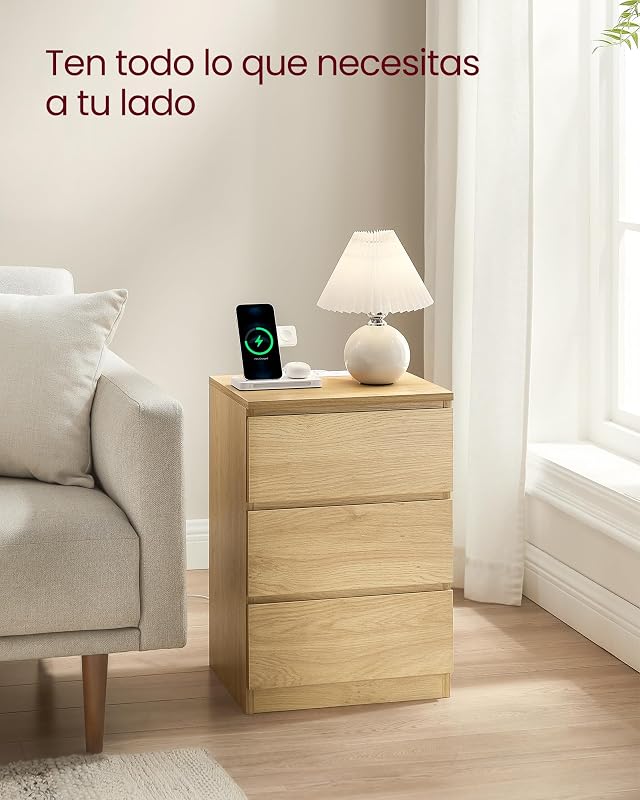 Coleção KAILYN - Mesa de cabeceira com estação de carregamento, conjunto de 2, mesa lateral com 3 gavetas, 2 tomadas AC, 2 portas USB, quarto, escritório, amarelo palha LET831Y70