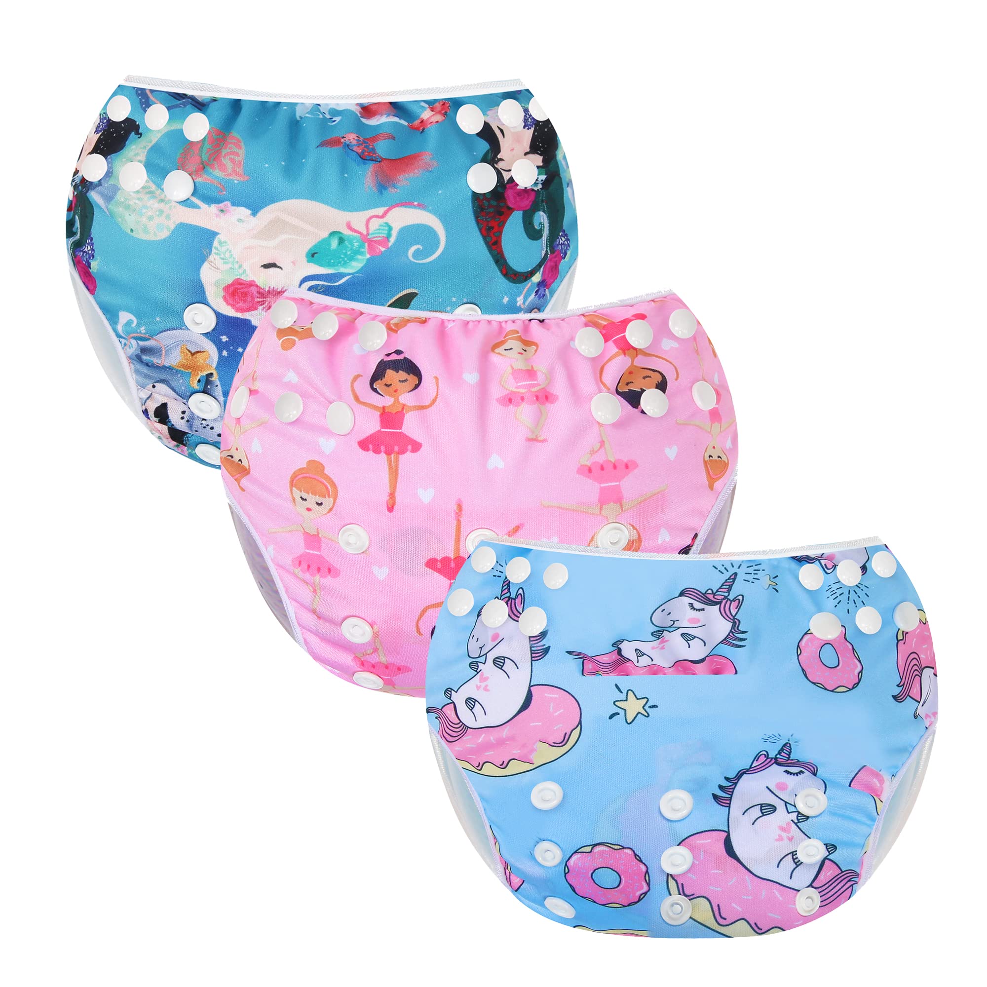 MIXIDON Reusable Swim Nappy Baby Swimming Nappies Adjustable Size Washable Nappy for Swimming Lesson 0-3 Years,Dance+Unicorn+Mermaid