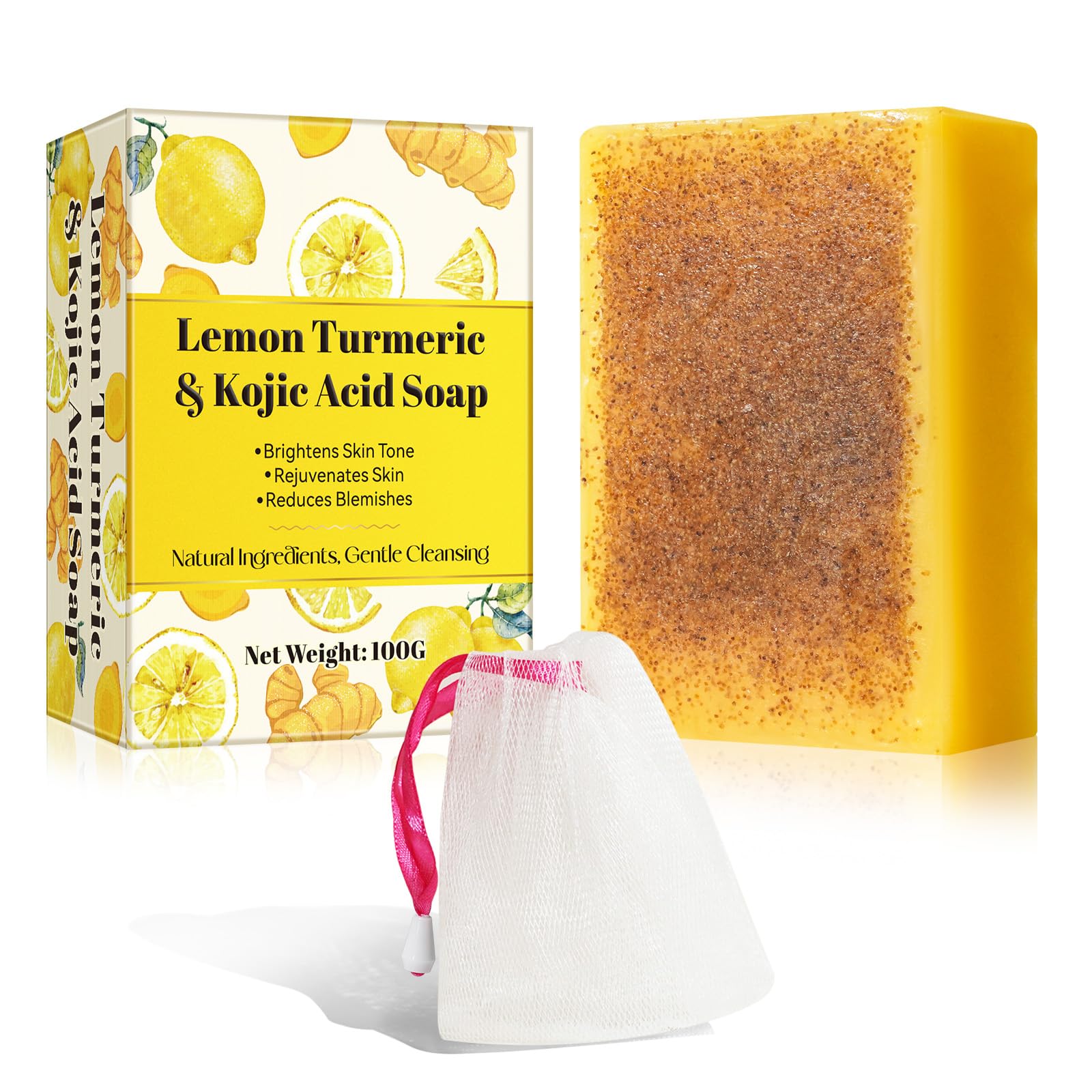 Lemon Turmeric & Kojic Acid Soap, Natural Skin Beauty Soap Bar, 100g Palm Oi Bar Soap 一 Remove Acne Blackheads, Dark Spots, Smooth Skin, Deep Cleansing, Gentle Soap for Face and Body Moisturizing