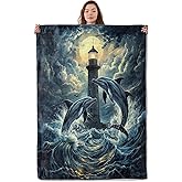 UNDAHIS Moonlit Dolphin Blanket, Soft Warm Cozy Dolphins & Lighthouse Throw Blanket Gifts for Adults Kids Women, Lightweight Fuzzy Comfy Flannel Blankets for Couch, Travel, Bed, House Decor 60×50 Inch