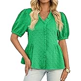 Cicy Bell Womens Peplum Puff Sleeve Tops Dressy Casual Summer Textured Blouses V Neck Ruffle Pleated Shirts
