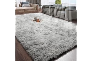 RUGTUDER 4x6 Area Rug for Living Room, Shag Fluffy Rugs for Bedroom, Plush Soft Floor Rug for Boys Girls Kids Teen Dorm, Furry Carpets for Baby Nursery, Fuzzy Abstract Tie-Dyed Light Grey Rug