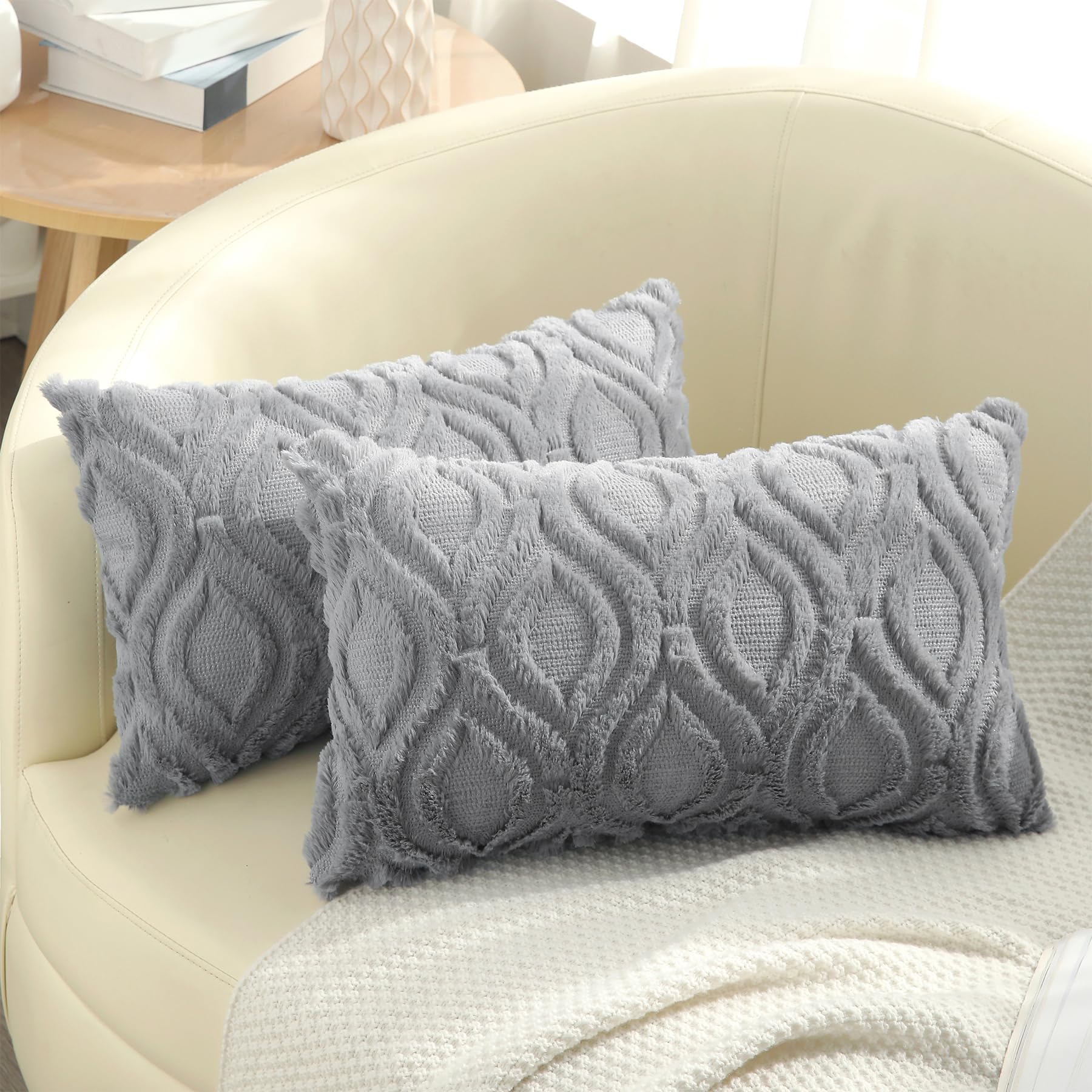 decorUhome Cozy Textured Throw Pillow Covers 12x20 Inch Set of 2, Soft Plush Faux Wool Grey Accent Couch Pillow Covers for Modern Farmhouse Sofa Bed Living Room