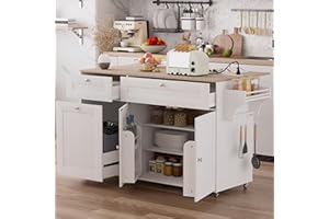 SAHISTCT Kitchen Island on Wheels with Storage, Rolling Kitchen Islands with Drop Leaf&Power Outlet, Mobile Kitchen Island Cart with Trash Can Storage, Spice Rack, Towel Rack, Storages Cabinet ,Drawers