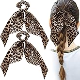 Mxxipp 2pcs Leopard Print Bow Hair Tie, Elastics Non-Slip Bow Scrunchies Band, Soft Silk Long Tail Ponytail Holder Accessories for Curly Straight Thick Fine Hair