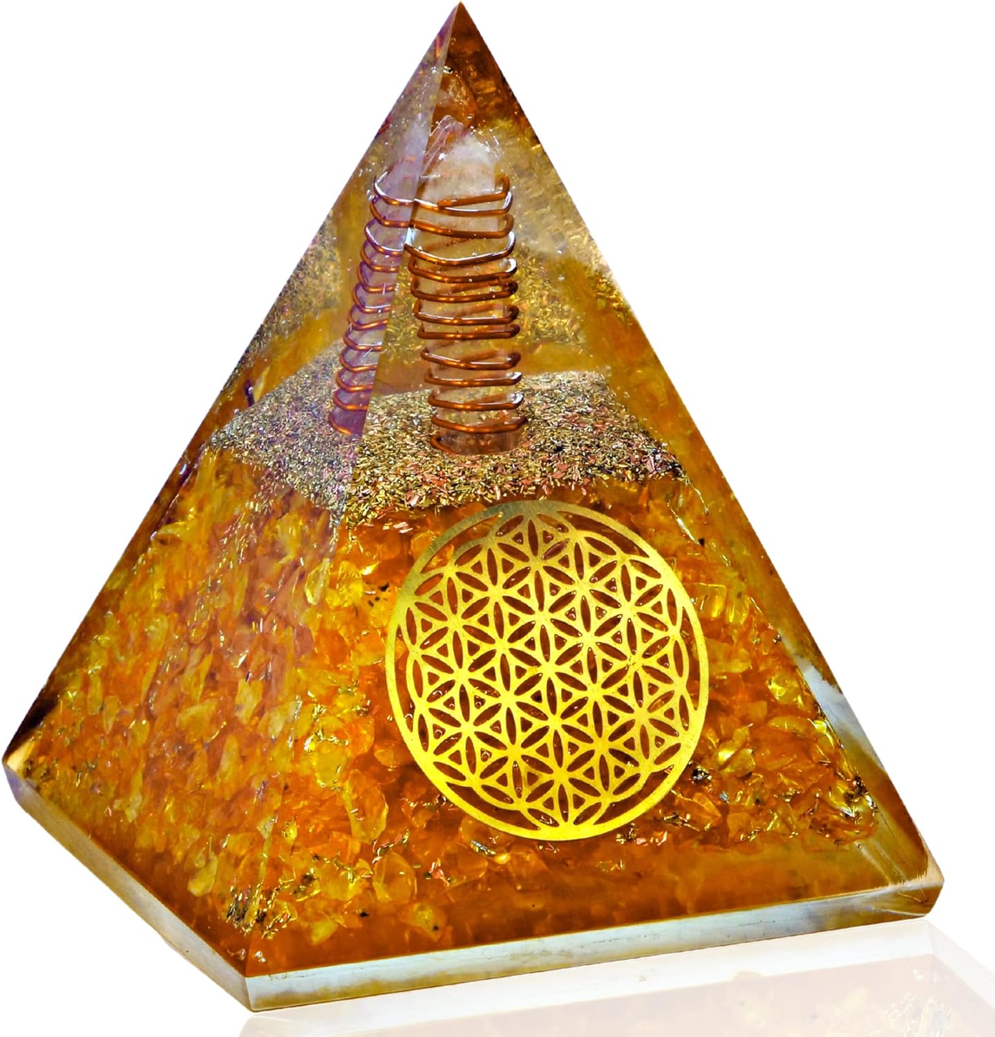 Mixed Media - Citrine Meditation Orgone Pyramid – Unique Crystal for Negative Energies – With Flower of Life Symbol – Ideal Chakra Crystal for Optimism, Positivity, and Financial Abundance