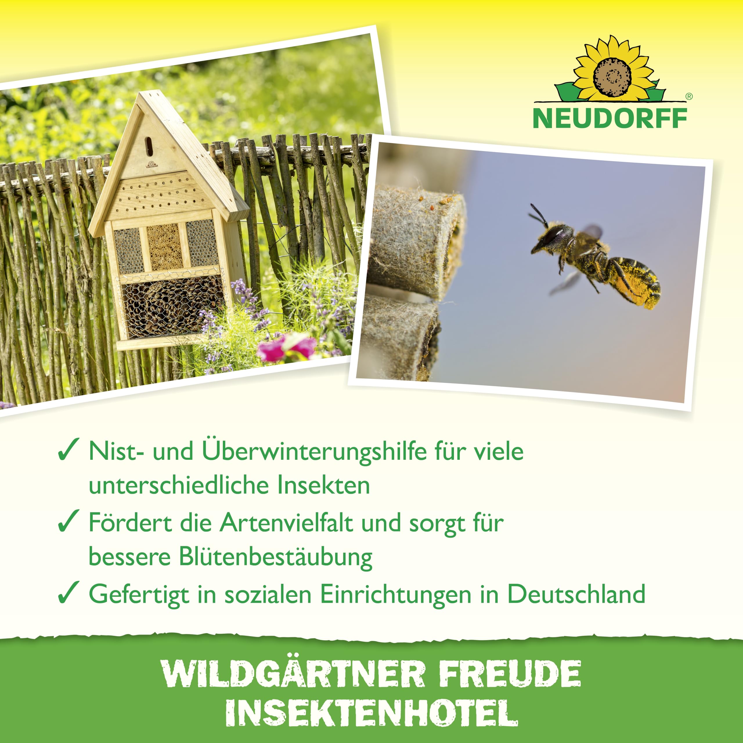 Neudorff Wildgärtner Freude Insektenhotel – Handgefertigte und unbehandelte Nisthilfe für Insekten wie Wildbienen, Marienkäfer und Florfliegen, 1 Stück 4