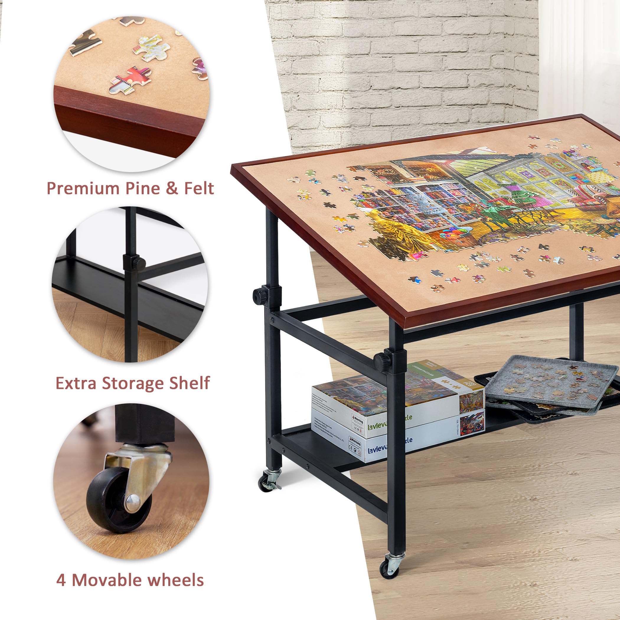 LAVIEVERT 1500 Piece Tilting Puzzle Table with Legs, Angle & Height Adjustable Puzzle Board Easel with Cover & Storage, Portable Wooden Jigsaw Table with 4 Wheels & Non-Slip Tabletop for Adults
