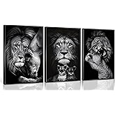 3pcs Black and White Lion Family Triptych Wall Art Canvas Paintings Animal Posters Prints Pictures Wall Decor for Bedroom Living Room Office Decoration Unframed
