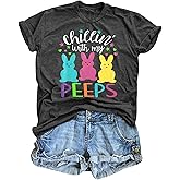 Happy Easter Shirt Women Chillin with My Peeps Tee Shirt Cute Rabbit Graphic T-Shirt Easter Gift Tee Tops