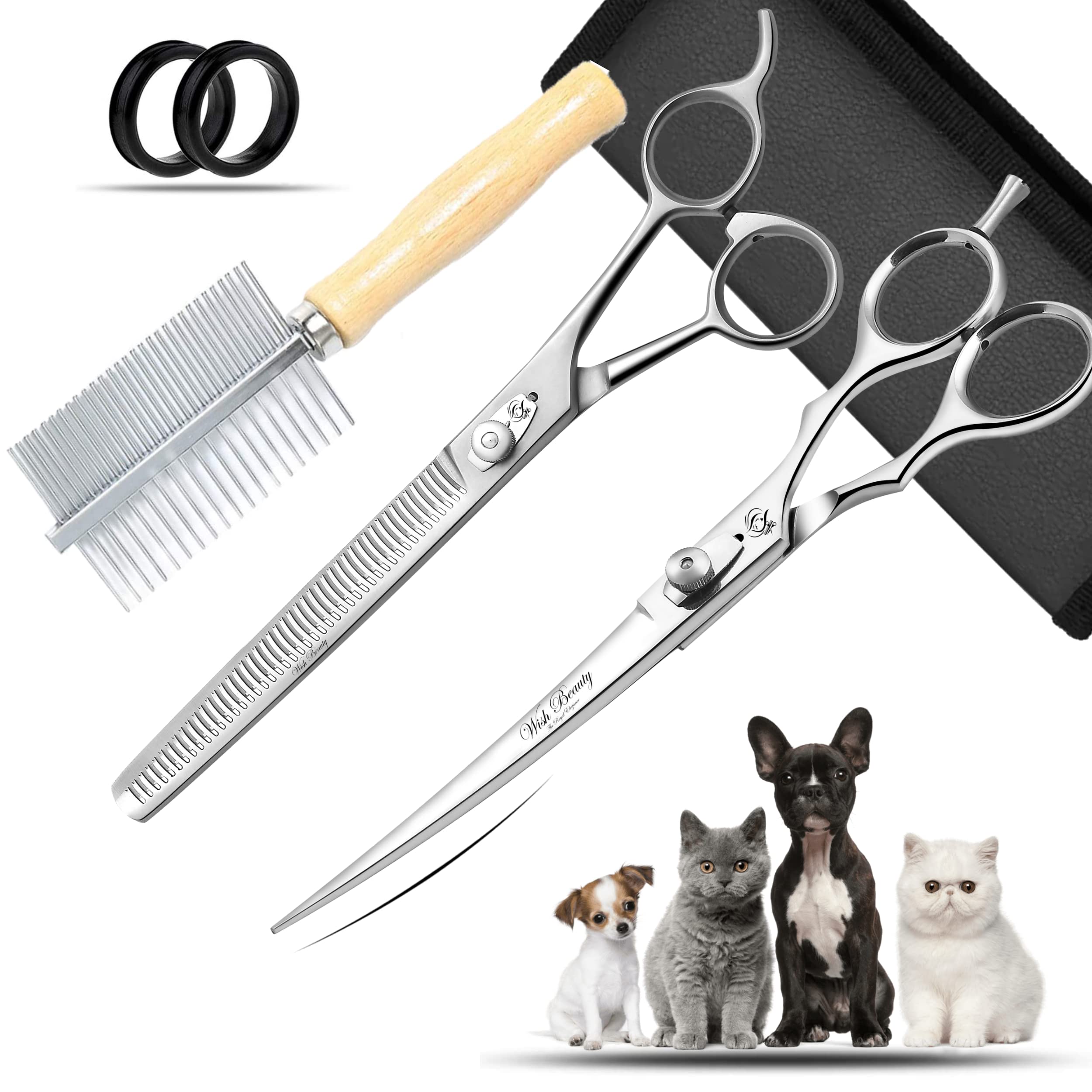 Wishbeauty, Pet Grooming Scissors Set 3 Pieces Stainless Steel Pet Trimmer Kit Used for Dog Cat and More Pets - with 8.5-inch Cutting Scissors, Thinning Shear, Curved Scissors, Grooming Comb