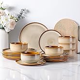 LeRatio Ceramic Dinnerware Sets for 6,Poreclain Plates and Bowls Sets,Handmade Reactive Glaze Dishes Set,Chip Resistant and S