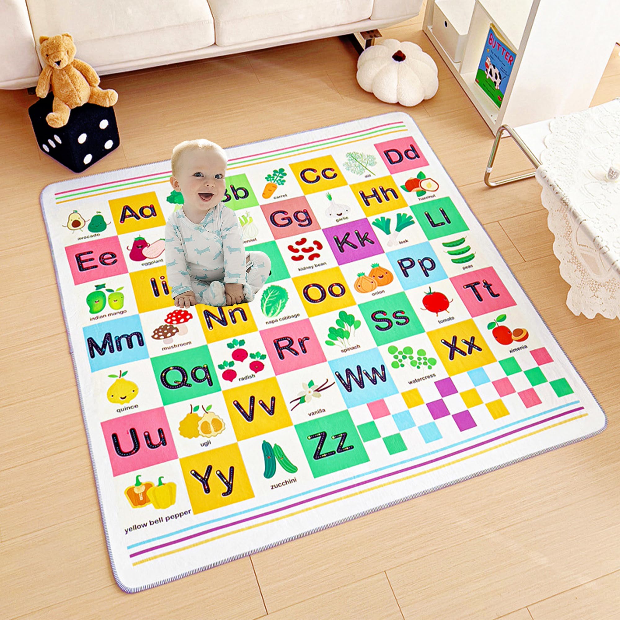 SQAQS Baby Floor Play Mat, Large 130*130cm, 4-Layer Structure, Foldable Play mat for Crawling, Waterproof, NonSlip Baby Crawling Mats, Soft Playmat for Baby's Crawling (vegetable)