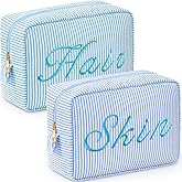 Sanwuta 2 Pcs Seersucker Cosmetic Bag Valentine Day Makeup Bag Gift for Women Large Pinstripe Seersucker Travel Toiletry Organizer Preppy Sanitary Storage Pouch for Wedding Bridesmaid(Blue, Lake Blue)