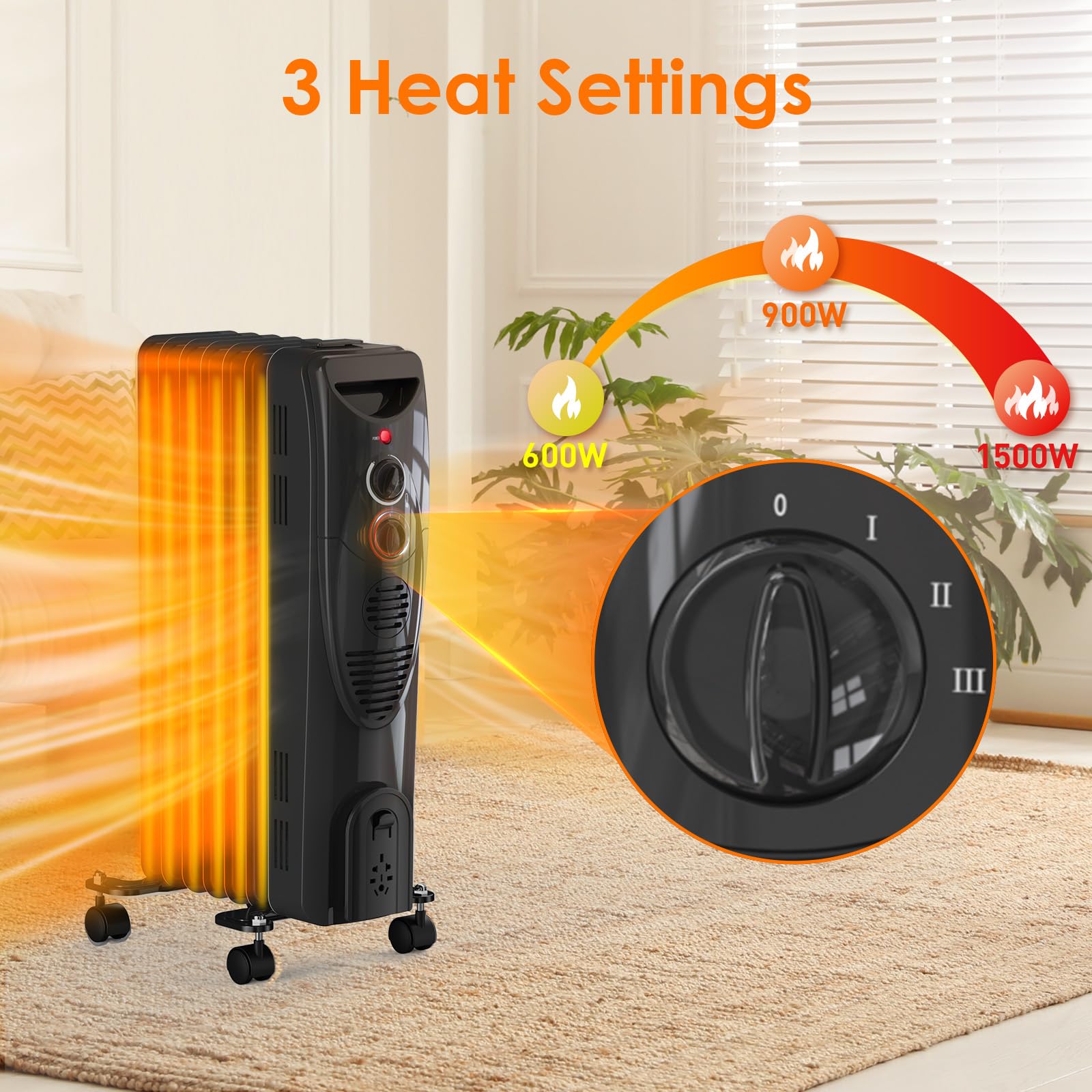 Oil Heater, 1500W Air Choice Electric Portable Space Heaters with 3 Heat Settings, Overheat & Tip-Over Protection, Adjustable Thermostat, Quiet Oil Filled Radiator Heater for Indoor Use, Home, Office