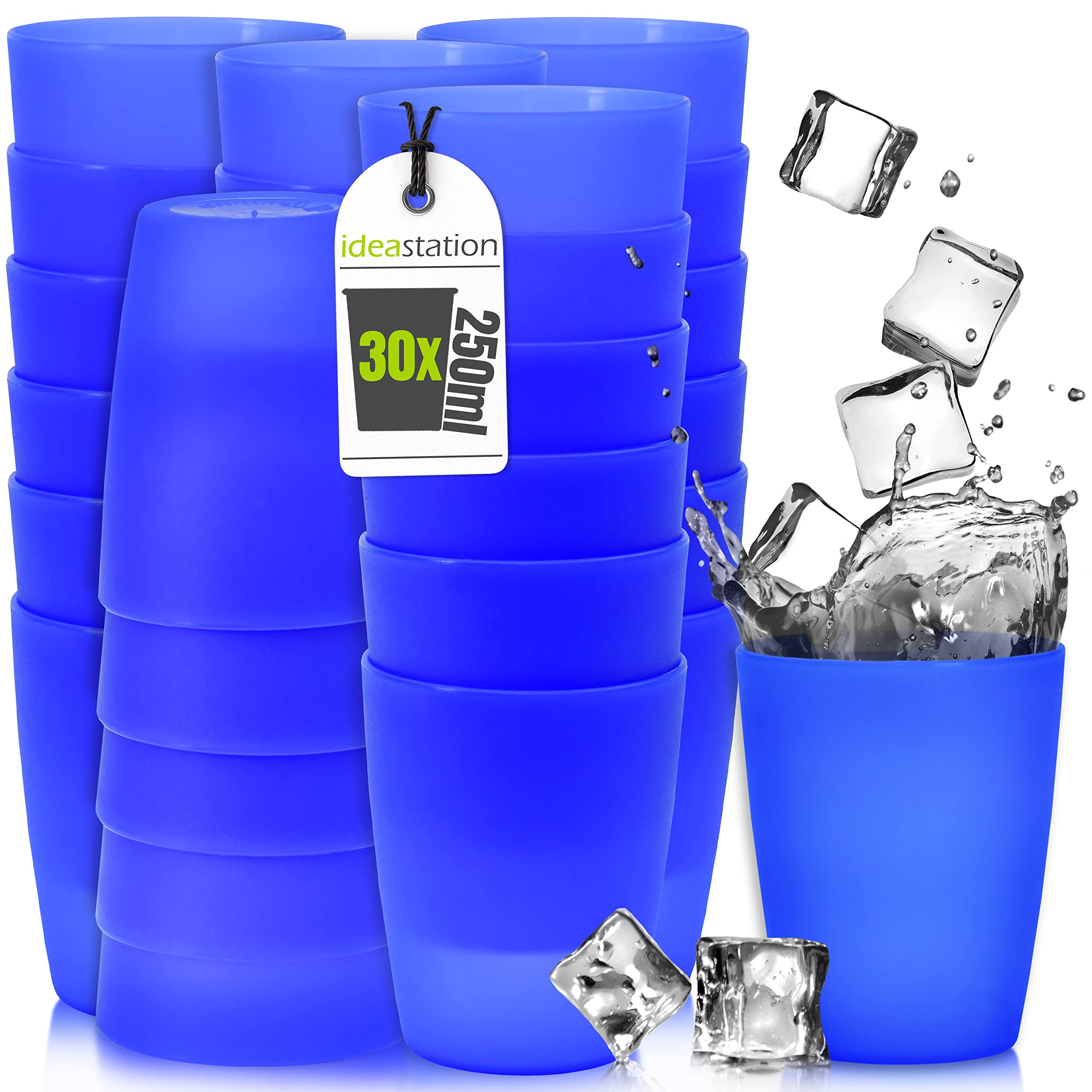 idea-station NEO Plastic Cups 30 x 250 ml - Blue - Plastic Cocktail Glasses - Perfect Party Cups for Cold & Hot Drinks - Reusable for Camping Kitchen, BBQ, Birthdays, Outdoor Activities