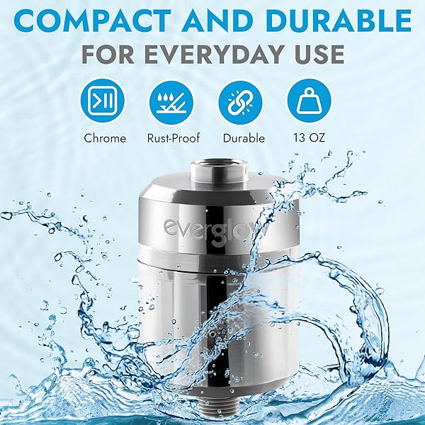 EVERGLOW HIGH-OUTPUT SHOWER FILTER, 100% REMOVES CHLORINE, MOISTURIZES DRY ITCHY SKIN, SKIN AND HAIR, HELPS WITH DANDRUFF, ECZEMA AND VITAMIN C INFUSED AND WATER SOFTENER, 4.7” – CHROME