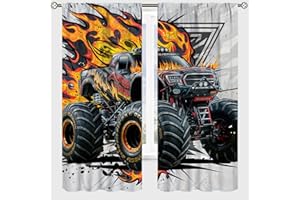 PHTAYOT Monster Truck Curtains, Featuring A Flame Pattern Monster Truck Pattern for Kids Boys Girls Room Decor, Print Drapes for Living Room Bedroom Kitchen 2 Panel Set 21" W X 45" L