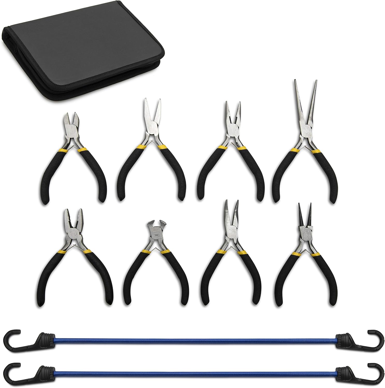 Super Smithee 8 Piece Jewelry Making Pliers - Micro Tool Kit with Spring Loaded Handle for Wire Cutting, Wrapping, Straightening, Shaping and Crimping - Complete with Storage Case and 2 Bungee Cords