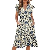 domirica Womens Casual Dresses Summer Ruffle Sleeve V Neck Empire Waist Midi 2025 Fashion Fit Smocked Tiered Boho Sundress