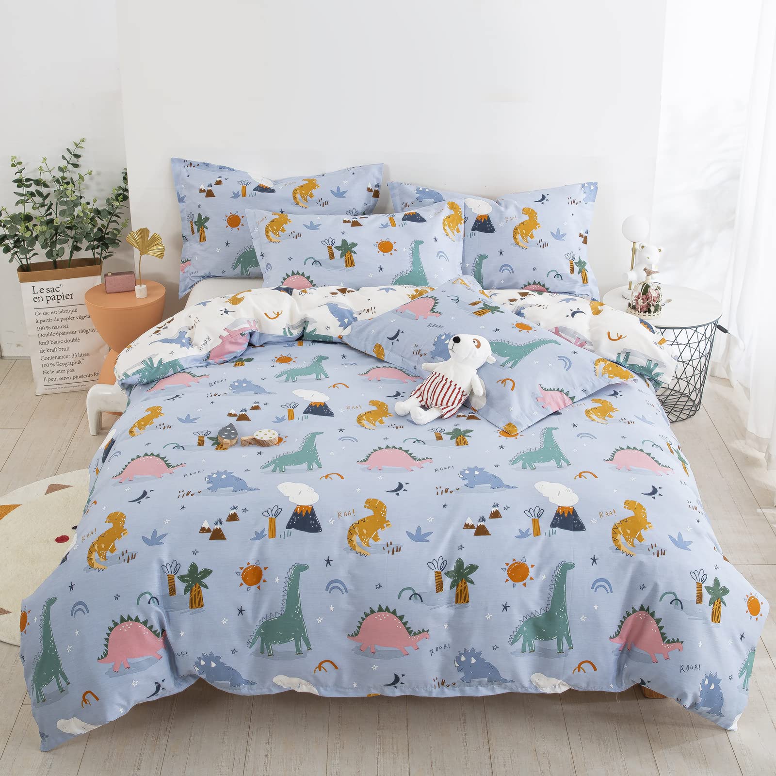 Photo 1 of Dinosaur Duvet Cover Set Twin, 100% Cotton Blue White Reversible Kids Bedding Set for Boys Girls, 2 Pieces Ultra Soft Breathable Comforter Cover Set (1 Duvet Cover+1 Pillowcase)
