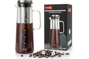 GWNF Cold Brew Coffee Maker & Ice Tea Maker, 1.4L/48oz Cold Brew Pither, Borosilicate Glass Carafe with Stainless Steel Filter, Airtight Lid, Dishwasher Safe, Easy to Use | Mannual & Brush Included