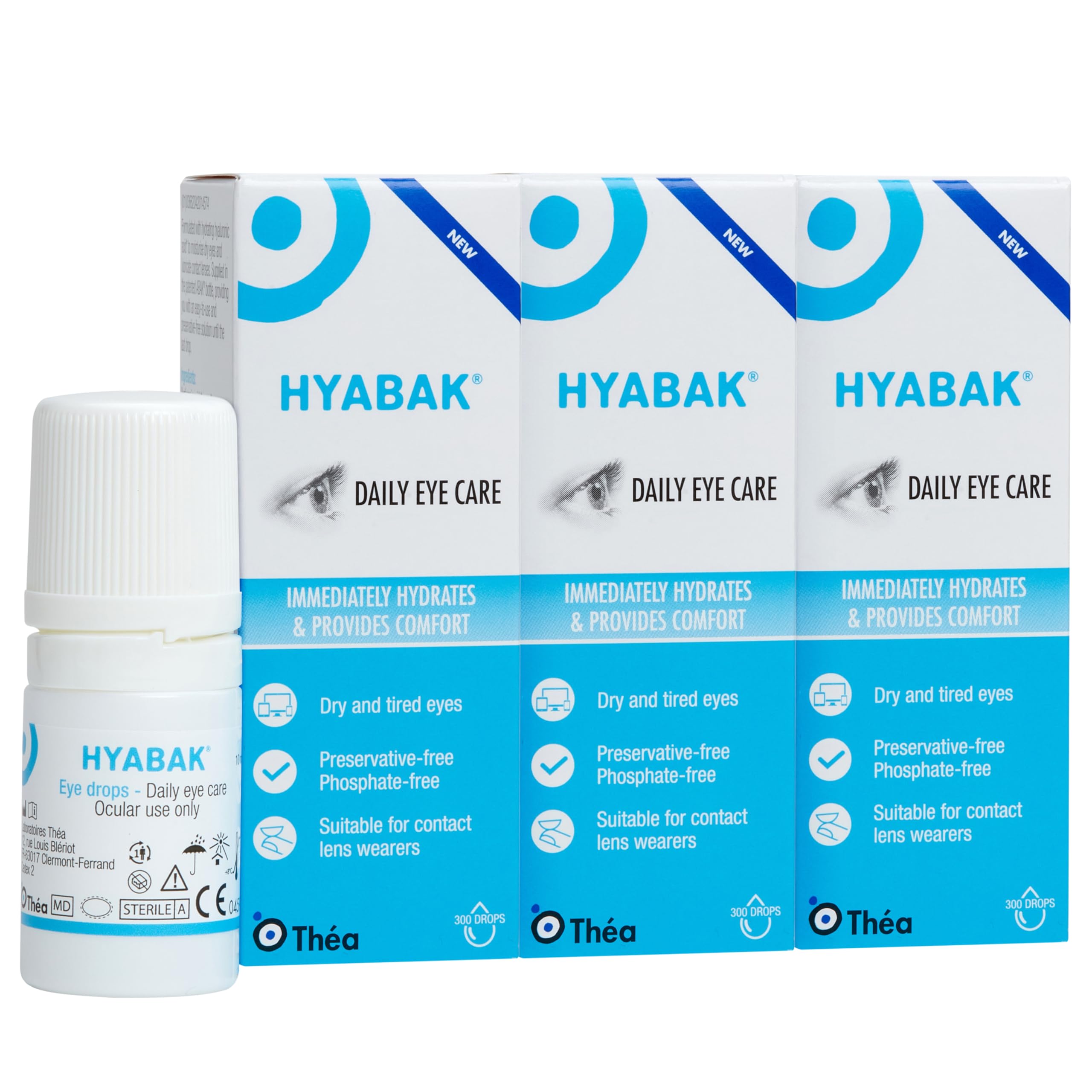 Hyabak Eye Drops to provide comfort and relief for Dry Eye |For dry eyes, caused by environmental factors ISuitable for Contact Lens Wearers and screen users| Preservative-Free 3 PACK|10ml (900 Drops)