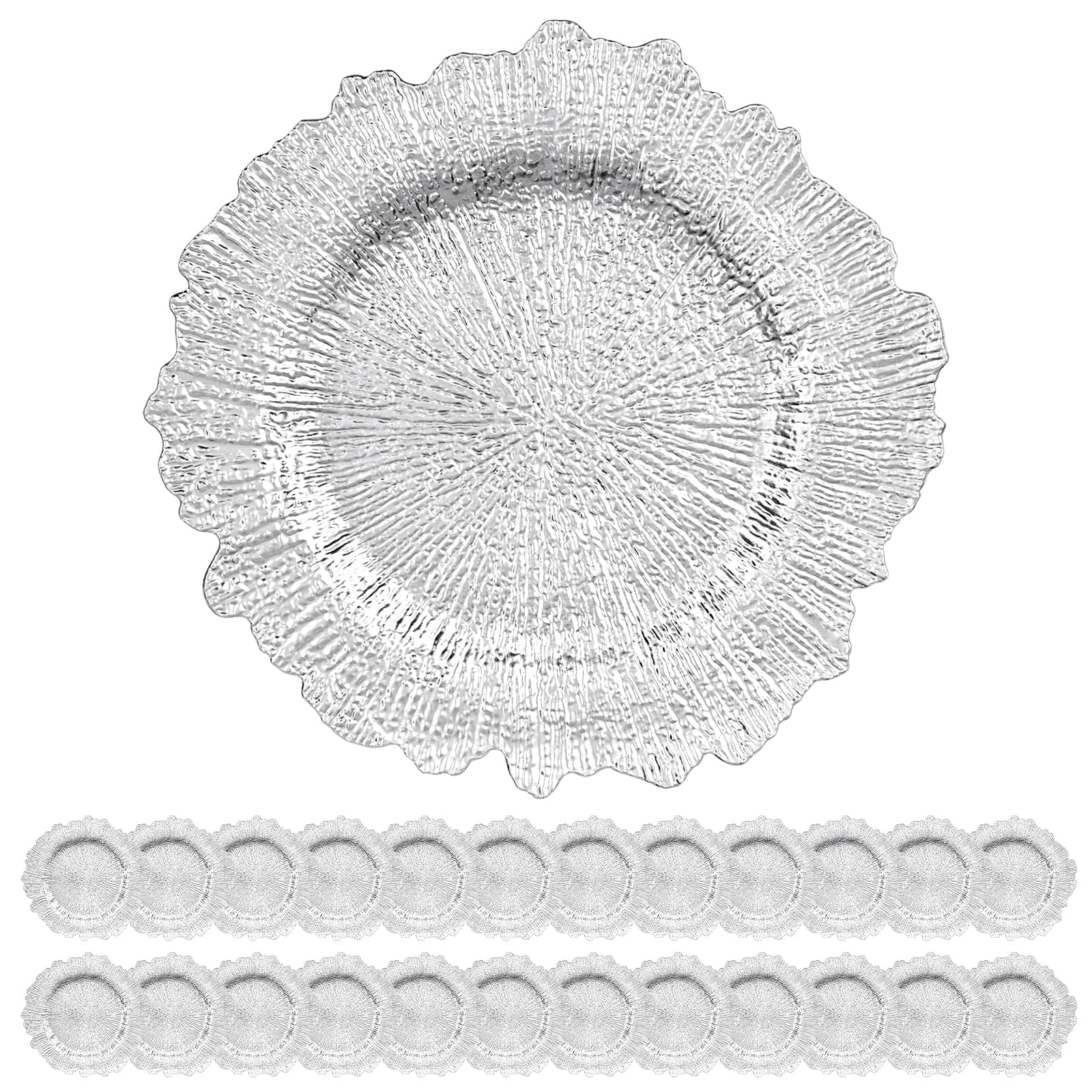 Photo 1 of YJYQHYX 24 Pack Silver Charger Plates Bulk, 13" Plastic Reef Chargers for Dinner Plates, Round Charger Plate with Floral Reef Design for Dinner Wedding Party Table Setting Decoration