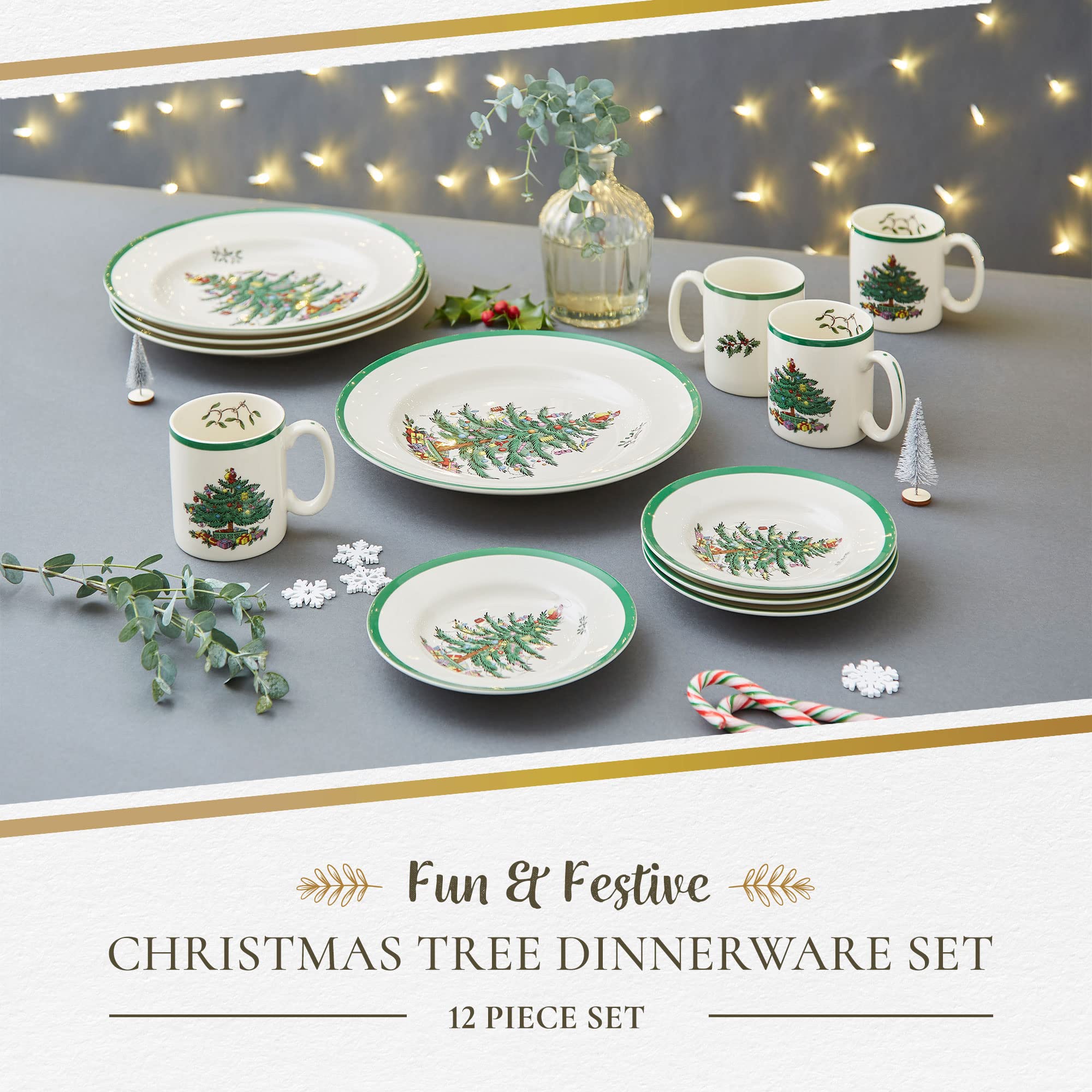 Spode Christmas Tree 12-Piece Dinnerware Set (Service for 4) - Festive Holiday Tableware Collection with Plates and Mugs - Fine Earthenware Christmas Dinnerware - Microwave & Dishwasher Safe