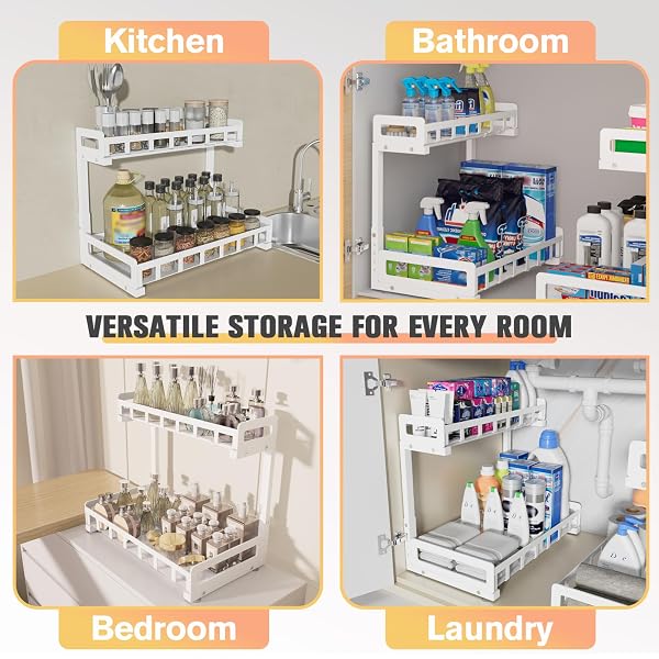 UNDER SINK ORGANIZER 2 PACK, METAL LARGE CAPACITY 2-TIER SLIDING CABINET STORAGE RACK, HEAVY-DUTY RUST-RESISTANT STEEL FRAME, HOLDS 50 LBS EACH, ADJUSTABLE HEIGHT 12–16″, 14″D X 11″W FOR HOME, WHITE