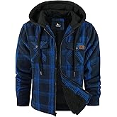 V VALANCH Men's Flannel Shirt Jacket with Hood Fleece Lined Plaid Jacket Zip Up Winter Warm Coat