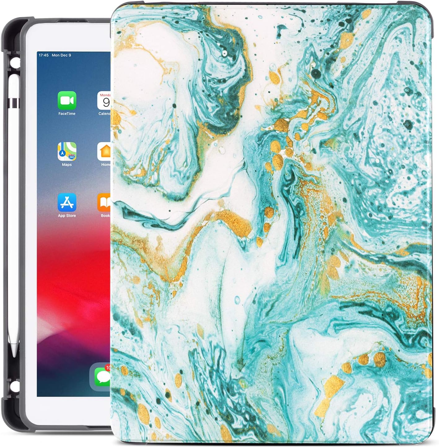 Gofupa 8th Generation iPad Case 2020, 10.2 Inch Case for 7th Gen iPad, iPad Air case/10.5-inch iPad Pro case with Pencil Holder , Soft TPU Full Body Protection Leather Stand Tablet Case Cyan Quicksand