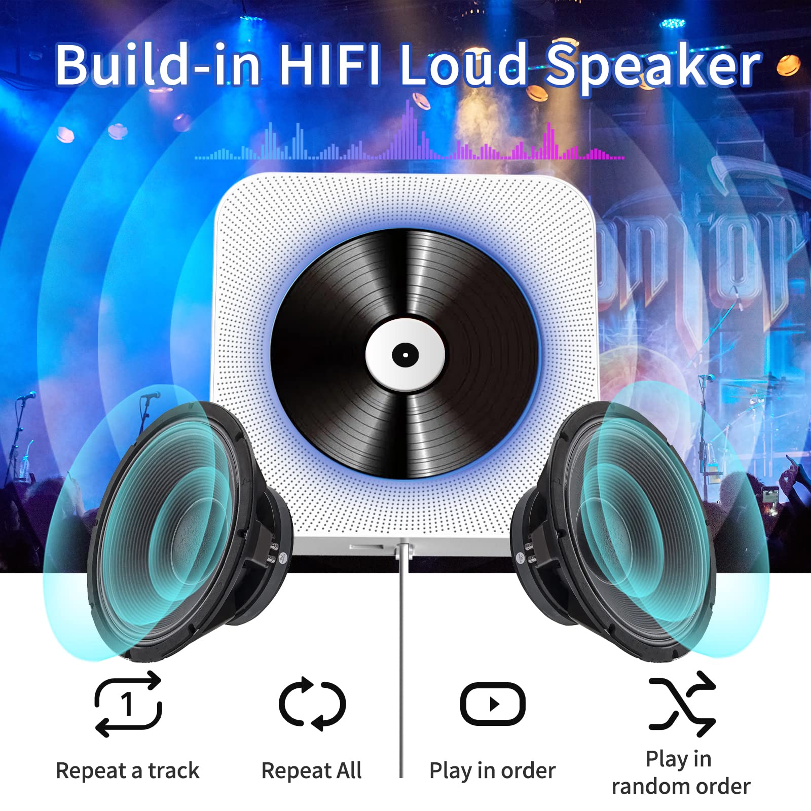 Portable Wall CD Players with 5.0 Bluetooth, Wall-Mountable CD Player with HiFi Speaker, USB Playback/AUX/FM Radio, Pull Cord Switch Design, Music Player with Remote Control, Home Audio Boombox