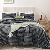 Smoofy Fluffy Queen Comforter Set 3 Pieces - Dark Grey Fleece Fluffy Comforter Set, Luxury Fuzzy Queen Bedding Set, Soft Warm Bed Set All Season, Heavy Faux Fur Comforter with 2 Pillow Cases