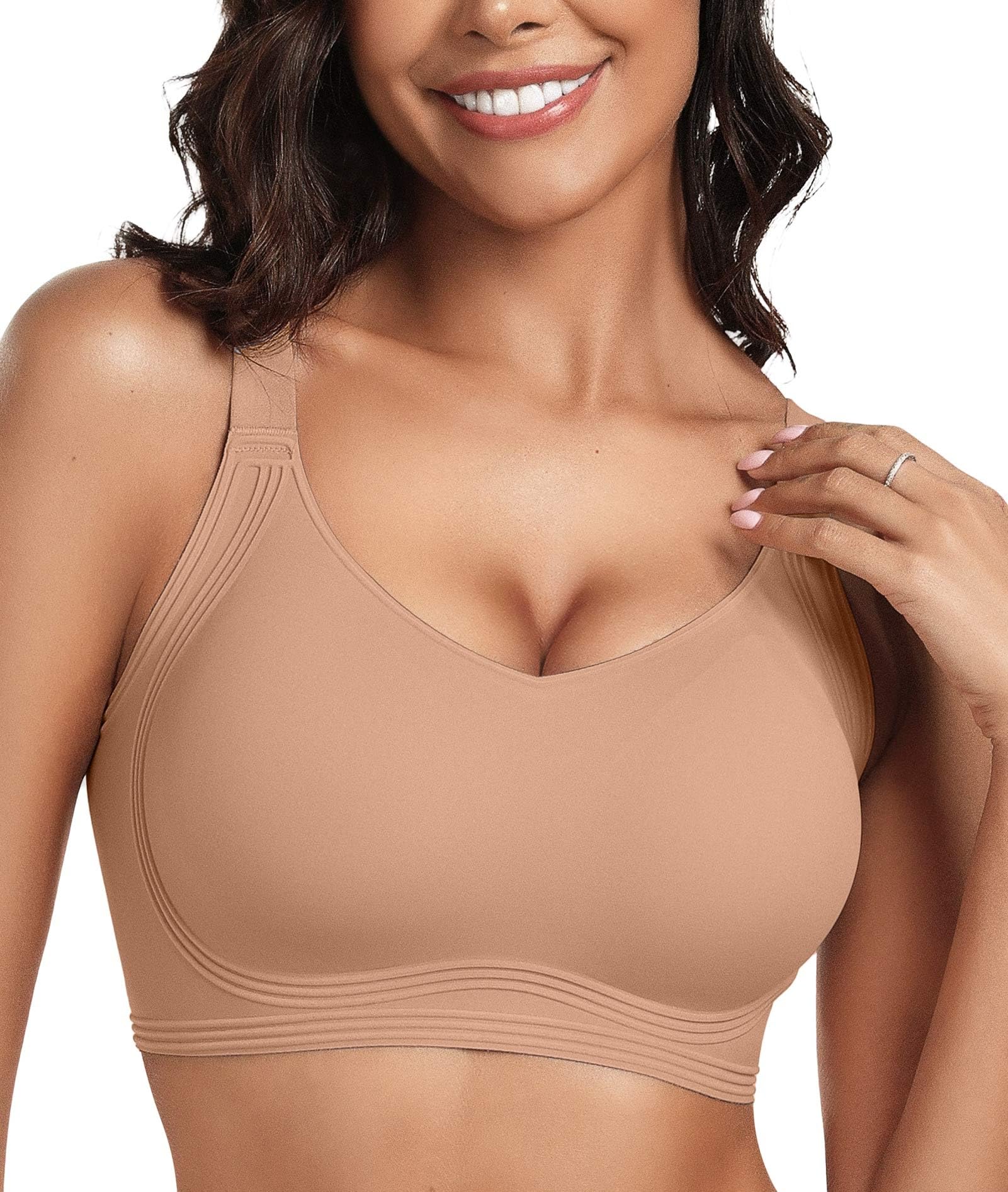 Photo 1 of OEAK Womens Seamless Push Up Bras No Underwire Full Coverage Anti Sagging Comfortable Bras V Neck Bra Wireless Everyday Bra Apricot S