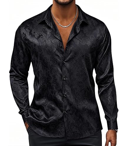 black silk dress shirt mens J.VER Men's Satin Long Sleeve Shirts Shiny Casual Button Down Luxury Party Prom Shirts White S Midi Dress Black Formal fluid drape and elevated published_date:2023-12-12T02:11:28Z Size:40 - Made-to-Order