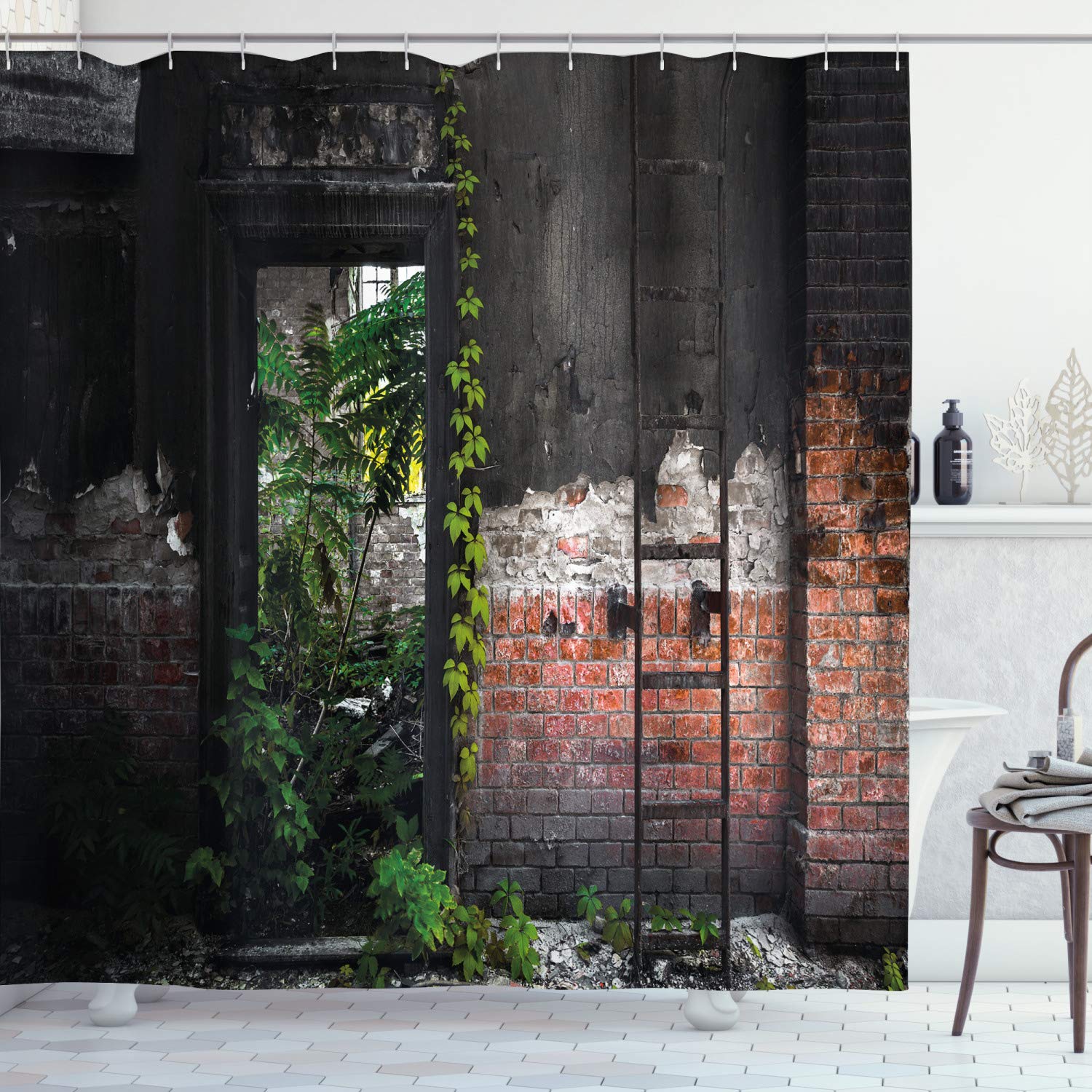 ABAKUHAUS Industrial Shower Curtain, Old Door Opening in a Desolate Industry Building Brick Wall with Ivy Plants, Cloth Fabric Bathroom Decor Set with Hooks, 175 x 180 cm, Salmon Grey Green