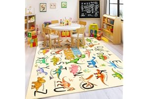 Bolacrom Kids Rugs for Playroom, 4x5 Feet Educational Rug for Learn The ABC Alphabet, Soft Machine Washable Non-Slip Cute Dinosaur Carpet for Classroom Toddler Nursery Kids Room Decor Mat, Beige