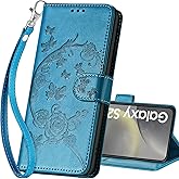 SASYMALY for Samsung Galaxy S25 Wallet case, Flip Folio Cover with Stand Feature for Women Men, PU Leather Phone Case Fit for Samsung Galaxy S25 6.2'' [Blue-Flower]