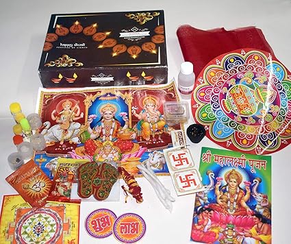 KAANUS Diwali Puja Kit | Diwali Pujan Samagri for Home & Office | Laxmi-Ganesh Poster & Diwali Puja Vidhi & Maa Lakshmi Aarti | Diya | Shri Yantra (Metal) (Diwalikit-1)