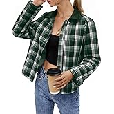 Tankaneo Womens Plaid Cropped Jackets Barn Lightweight Flannel Zip Up Utility Coat Casual Short Jacket with Pockets