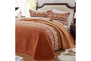 LEAONME 3 Pieces Quilt Set King Size Bedspread Burnt Orange/Rust Coverlet Lightweight Summer Comforter Microfiber Bohemian Bedding Set for All Season Oversized 98x106 Inch Bed Cover(1 Quilt, 2 Pillow Shams)