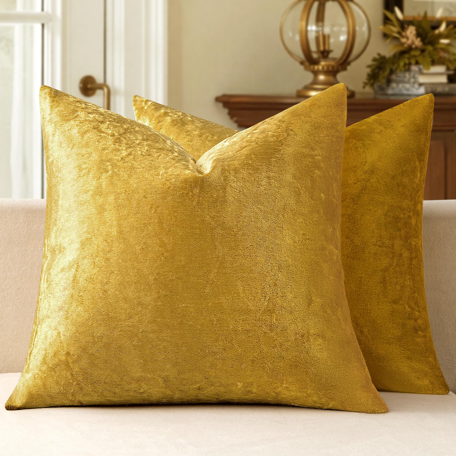Photo 1 of MIULEE Pack of 2 Golden Velvet Throw Pillow Covers 22x22 Inch Soft Solid Decorative Square Set Fall Cushion Cases for Couch Sofa Bedroom