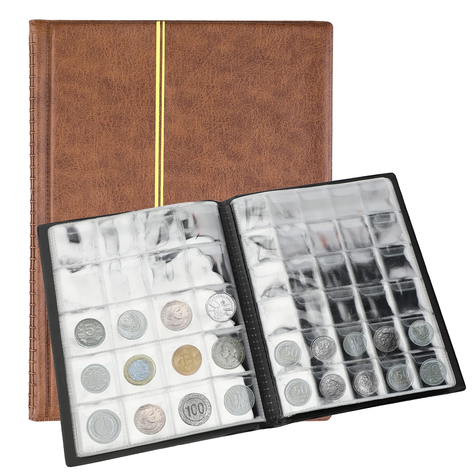 SAVITA 250 Pockets Coin Album 10 Pages Leather Coin Collection Book Penny Collecting Book for Coin Collectors (Brown)