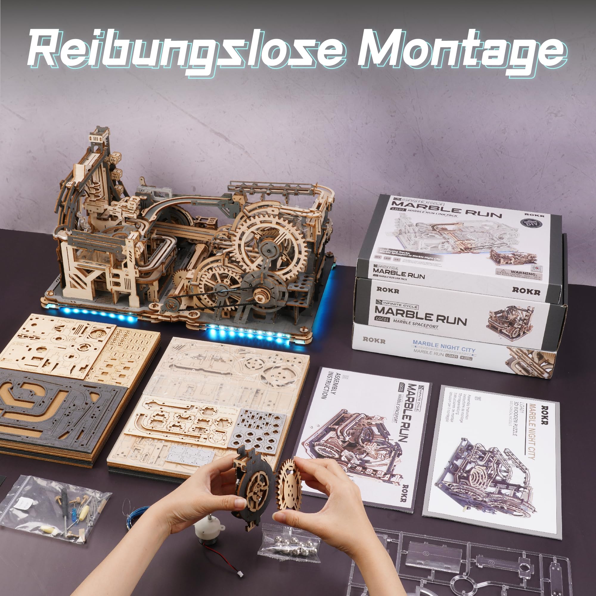 ROKR Kugelbahnen Kombi-Set 3D Puzzle Erwachsene Modellbausätze Geschenkidee für Männer Marble Spaceport & Night City & Link Pack 8